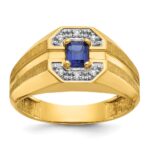 14k IBGoodman Men's Created Sapphire and 1/20 carat Diamond Satin Complete Ring