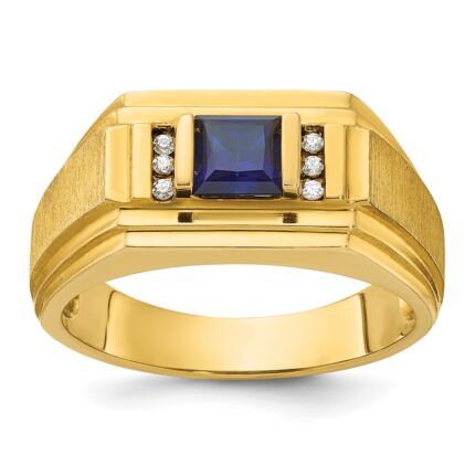 14k IBGoodman Men's Created Sapphire and 1/20 carat Diamond Satin Complete Ring