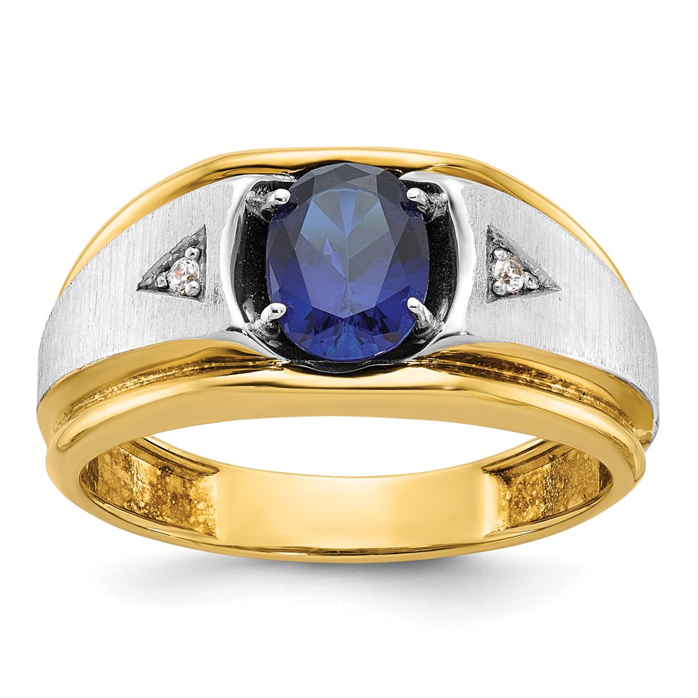 B57897-4YWCS_AA.jpg IBGoodman 14k Two-tone Men's Polished Satin and Grooved Lab Created Sapphire and AA Quality Diamond Ring - Image 1
