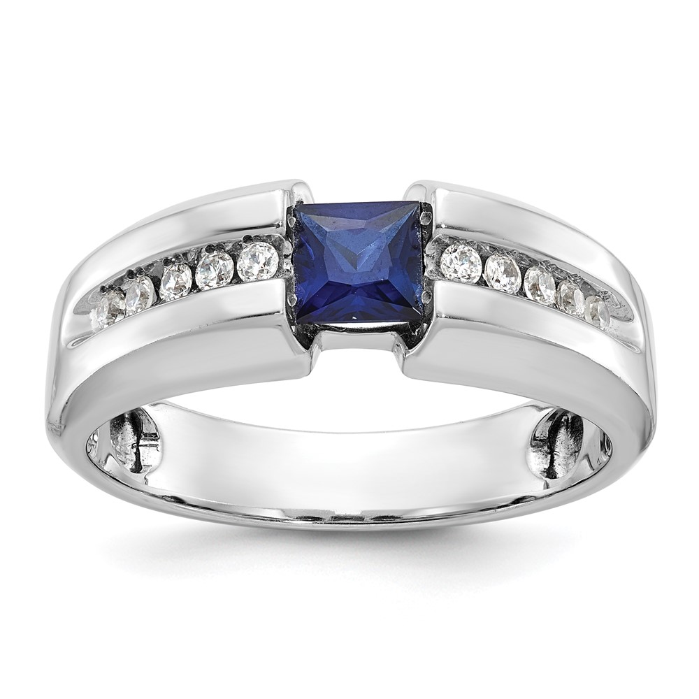 B57979-4WCS_AA-1.jpg IBGoodman 14k White Gold Men's Polished Lab Created Sapphire and 1/5 Carat AA Quality Diamond Ring - Image 1