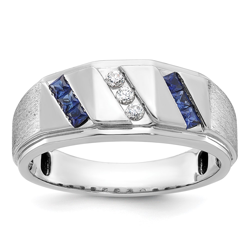 B57988-4WCS_AA.jpg 14k White Gold IBGoodman Men's Satin Lab Created Sapphire and 1/10 carat Diamond Complete Ring - Image 1