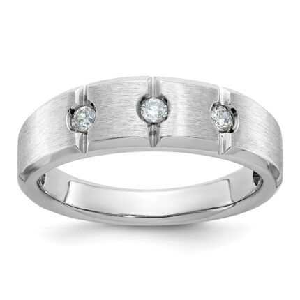 IBGoodman 14k White Gold Men's Polished Satin and Grooved 3-Stone 1/5 Carat AA Quality Diamond Ring