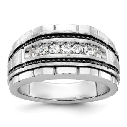 IBGoodman 14k White Gold with Black Rhodium Men's Polished Satin and Textured 7-Stone 1/2 Carat AA Quality Diamond Ring
