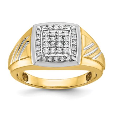 IBGoodman 14k with White Rhodium Men's Polished Satin and Grooved 1/3 Carat AA Quality Diamond Square Cluster Ring