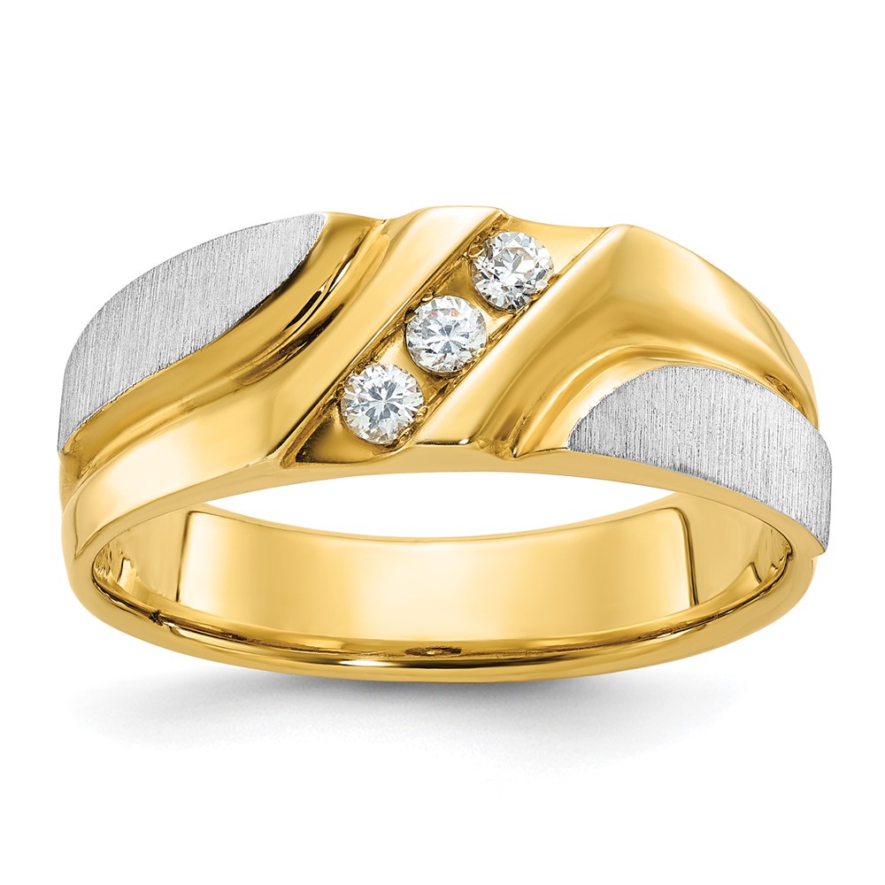 B63237-0YWA.jpg IBGoodman 10k Two-tone Men's Polished Satin and Grooved 3-Stone 1/6 Carat A Quality Diamond Ring - Image 1