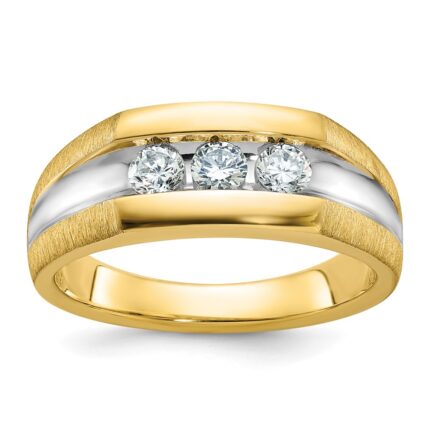IBGoodman 14k with White Rhodium Men's Polished Satin and Grooved 3-Stone 1/2 Carat AA Quality Diamond Ring