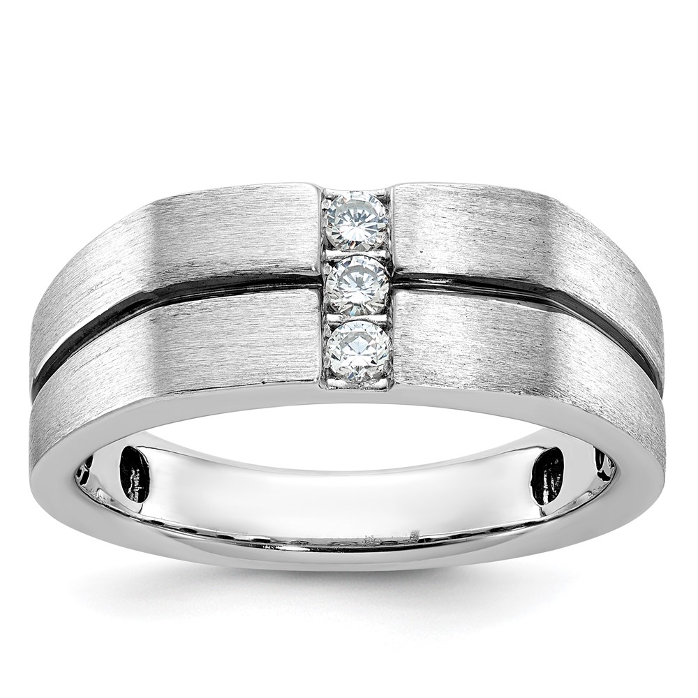B63794-4WAA-1.jpg IBGoodman 14k White Gold with Black Rhodium 1/5 carat Lab Grown Diamond VS/SI+ G+ Complete Satin and Grooved Three Stone Men's Ring - Image 1
