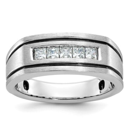 IBGoodman 14k White Gold Men's Polished Satin and Grooved Square 5-Stone Ring Mounting