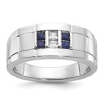 IBGoodman 14k White Gold Men's Polished and Grooved Lab Created Sapphire and 1/10 Carat AA Quality Diamond Ring