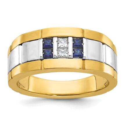 IBGoodman 14k Two-tone Men's Polished and Grooved Lab Created Sapphire and 1/10 Carat AA Quality Diamond Ring
