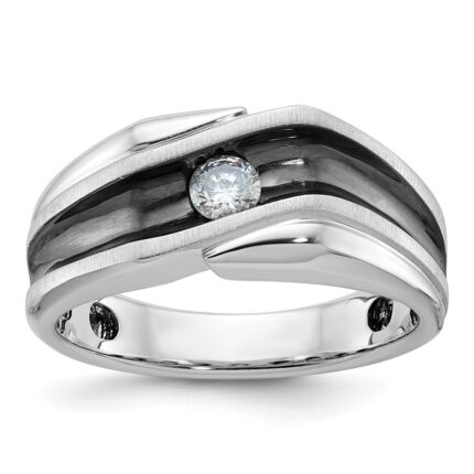 IBGoodman 14k White Gold with Black Rhodium 1/5 carat Lab Grown Diamond VS/SI+ G+ Complete Polished Satin and Grooved Men's Ring