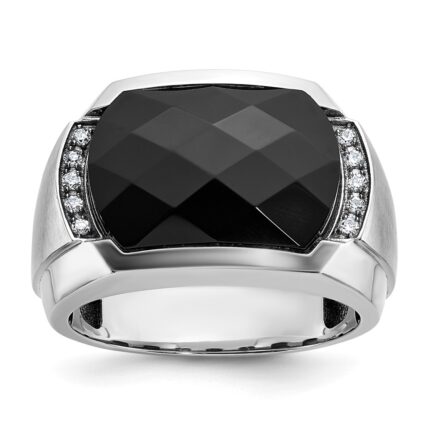 IBGoodman 14k White Gold Men's Polished and Satin Faceted Onyx and 1/10 Carat AA Quality Diamond Ring