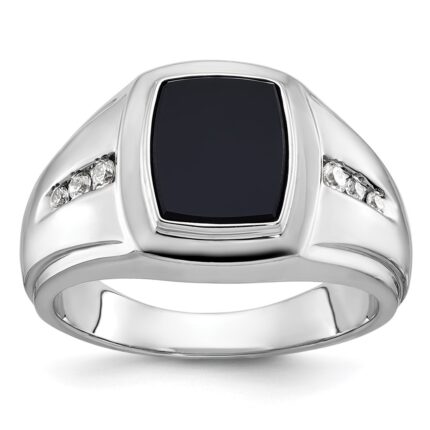 14k White Gold IBGoodman Men's Onyx and 1/8 carat Diamond Complete Ring