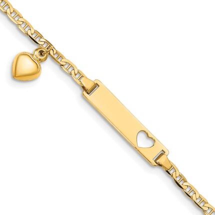 14k Polished Solid Chain/Solid Plate Cut-out Heart with Heart Dangle Anchor Link 22x5mm Plate 5.Baby/Child ID Bracelet