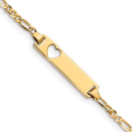 14k Polished Solid Chain/Solid Plate Figaro Link Cut-out Heart 21.4x5.4mm  Plate 6 inch Baby/Child ID Bracelet