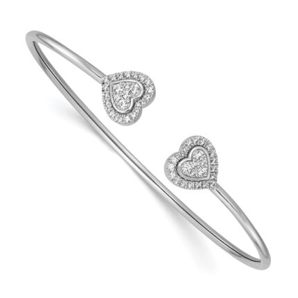 14K White Gold Polished Complete 1/2 carat Diamond Heart Flexible Cuff Bangle Bracelet