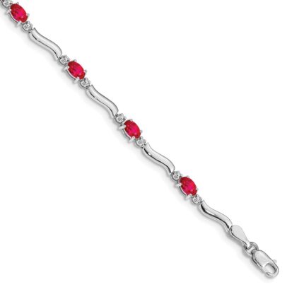 14k White Gold Complete Diamond and Oval Ruby Wavy Link 7 inch Bracelet