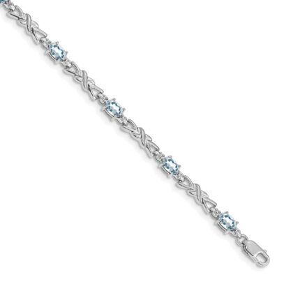 14k White Gold Complete Diamond and Oval Aquamarine X-design 7.25 inch Bracelet