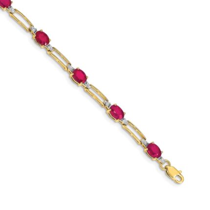 14k Complete Diamond and Oval Ruby Paperclip Link 7.25 inch Bracelet