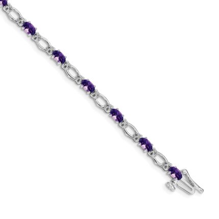 14k White Gold Complete Diamond and Oval Amethyst Heart Accent 7 inch Bracelet