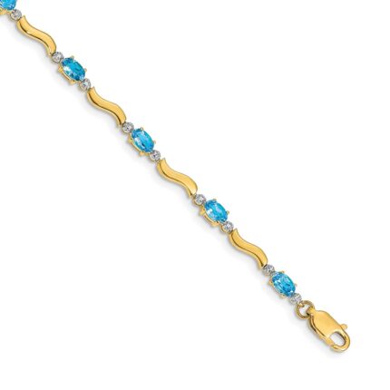 14k Complete Diamond and Oval Swiss Blue Topaz Wavy Link 7 inch Bracelet