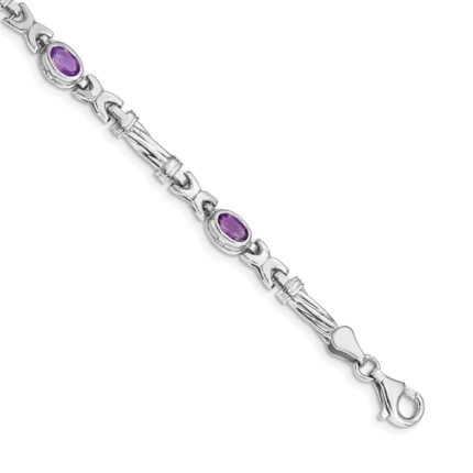 14k White Gold Complete Oval Amethyst Fancy Link 7 inch Bracelet
