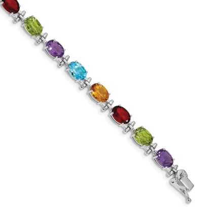 14k White Gold Complete Alternating Oval Amethyst/Peridot/Garnet/Citrine/Swiss Blue Topaz 7 inch Rainbow Bracelet