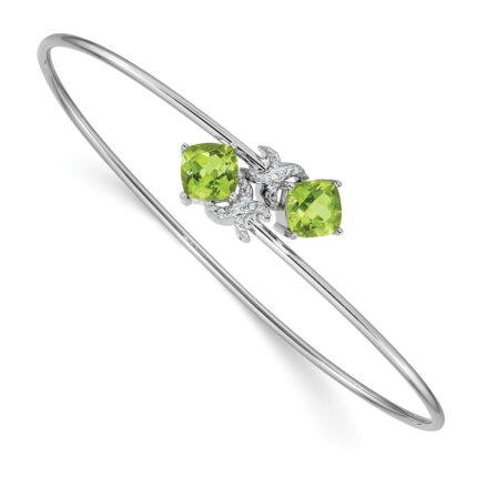 14k White Gold Complete Cushion-cut Peridot and .03 carat Diamond Flexible Bangle Bracelet