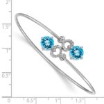 14k White Gold Complete Round Blue Topaz and 1/8 carat Diamond Hearts Flexible Bangle Bracelet - Image 2