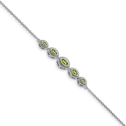 14k White Gold Complete 5-Stone Bezel-set Marquise Peridot and Chain 7 inch Bracelet
