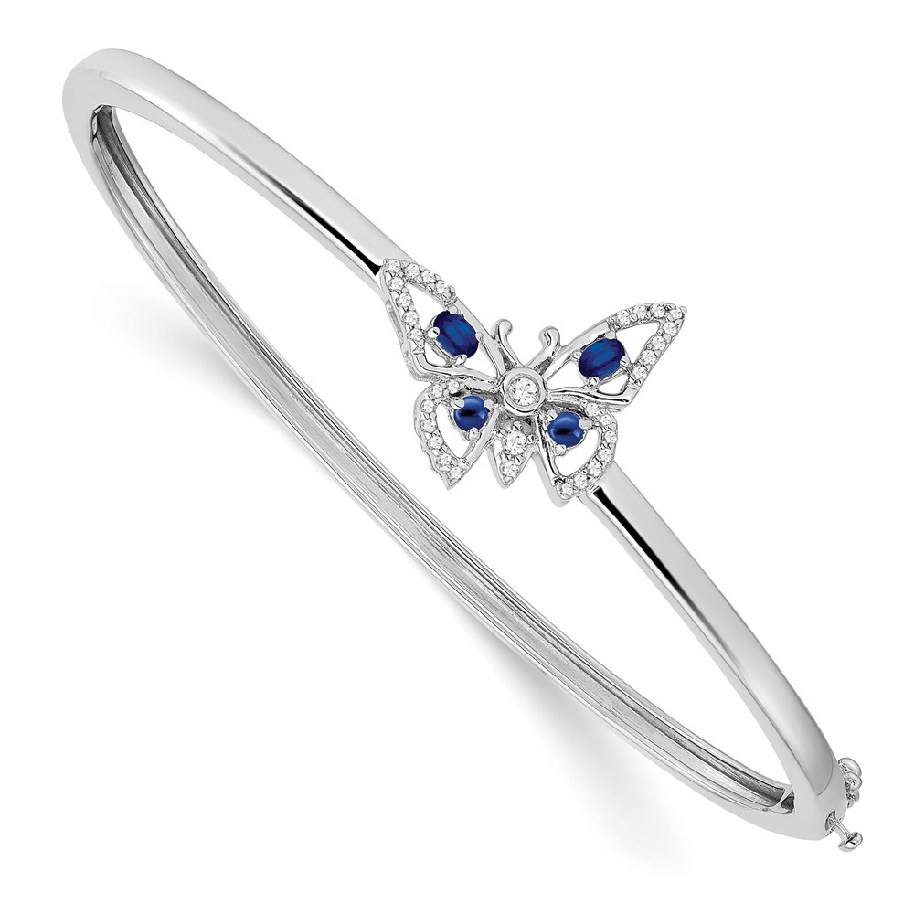 BM7257-SA-017-WA.jpg 14k White Gold Complete Sapphire and 1/6 carat Diamond Butterfly Hinged Bangle Bracelet - Image 1