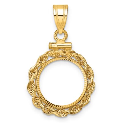 Wideband Distinguished Coin Jewelry 14k Polished Rope and Diamond-cut 13.0mm x 1.1mm Screw Top Coin Bezel Pendant