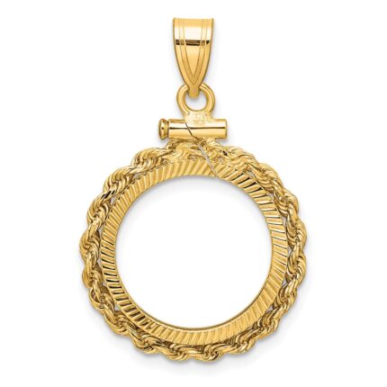 Wideband Distinguished Coin Jewelry 14k Polished Rope and Diamond-cut 16.5mm x 1.35mm Screw Top Coin Bezel Pendant