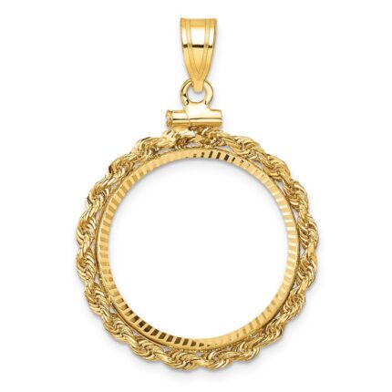 Wideband Distinguished Coin Jewelry 14k Polished Rope and Diamond-cut 21.6mm x 1.7mm Screw Top Coin Bezel Pendant