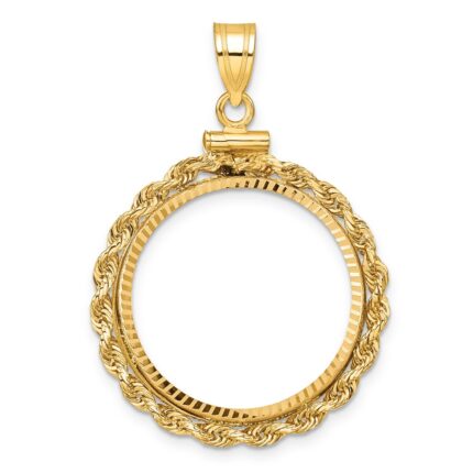 Wideband Distinguished Coin Jewelry 10k Polished Rope and Diamond-cut 22.0mm x 1.9mm Screw Top Coin Bezel Pendant