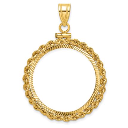 Wideband Distinguished Coin Jewelry 10k Polished Rope and Diamond-cut 27.0mm x 2.35mm Screw Top Coin Bezel Pendant