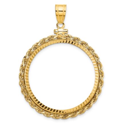 Wideband Distinguished Coin Jewelry 14k Polished Rope and Diamond-cut 32.7mm x 3.00mm Screw Top Coin Bezel Pendant