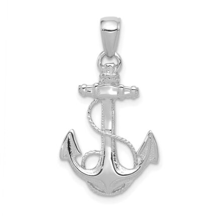 14K White Gold Solid Polished Anchor with Rope Pendant