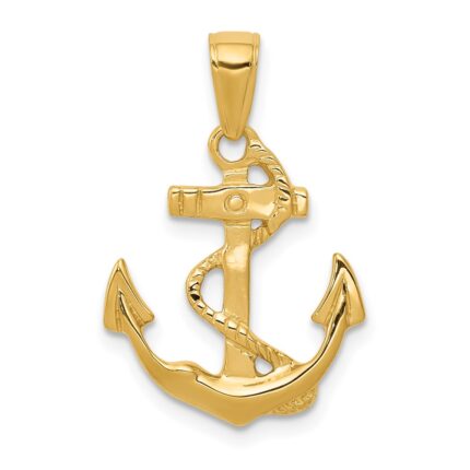 14k Solid Polished Anchor with Rope Pendant