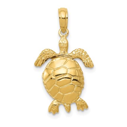 14K Solid Polished 3-D Turtle with Moveable Head and Legs Pendant