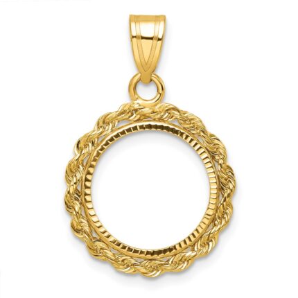 Wideband Distinguished Coin Jewelry 14k Diamond-cut with Rope 14.0mm Prong Coin Bezel Pendant