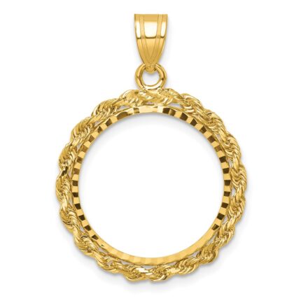 Wideband Distinguished Coin Jewelry 14k Diamond-cut with Rope 18.0mm Prong Coin Bezel Pendant