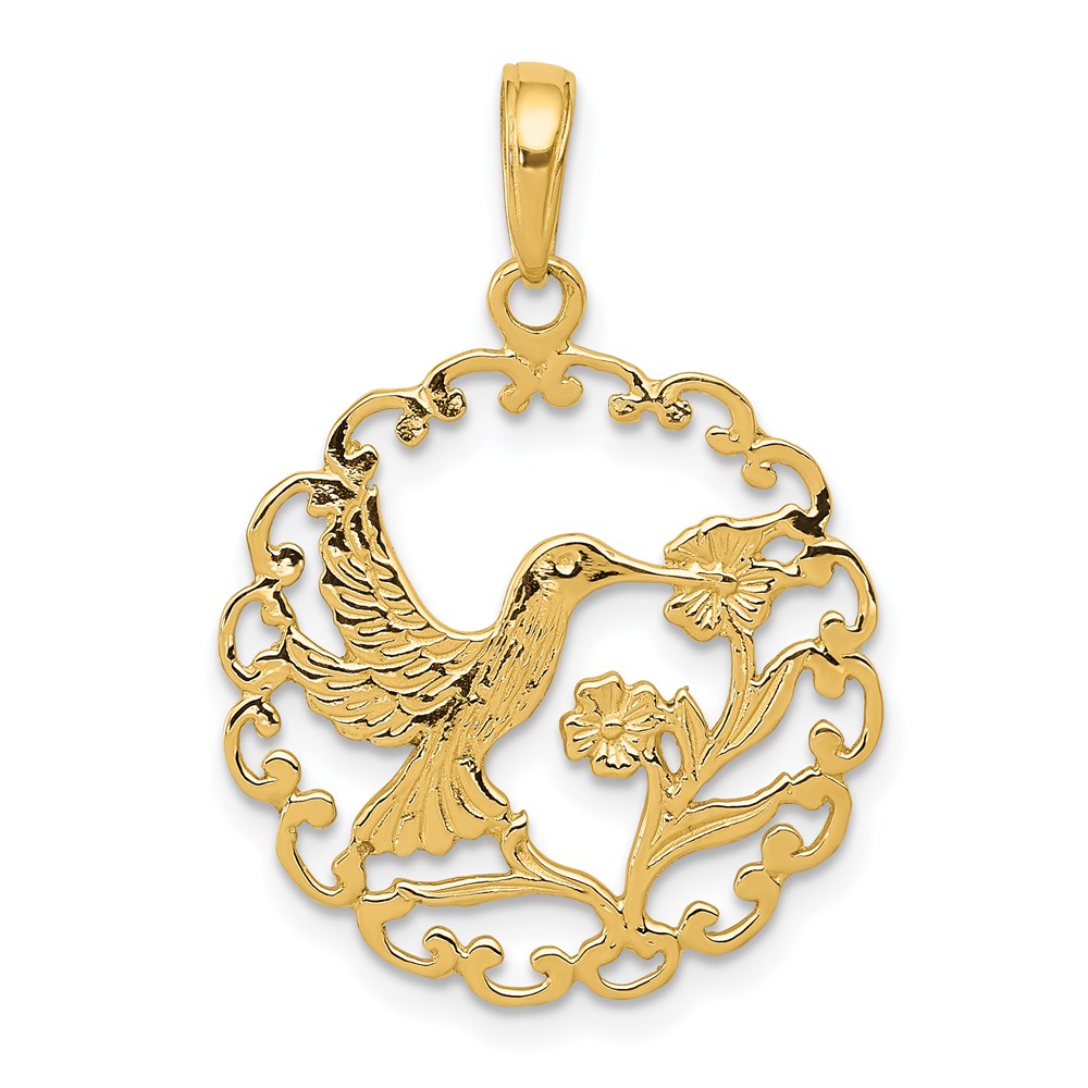 C3478.jpg 14k Hummingbird with Flower Round Scalloped Frame Pendant - Image 1