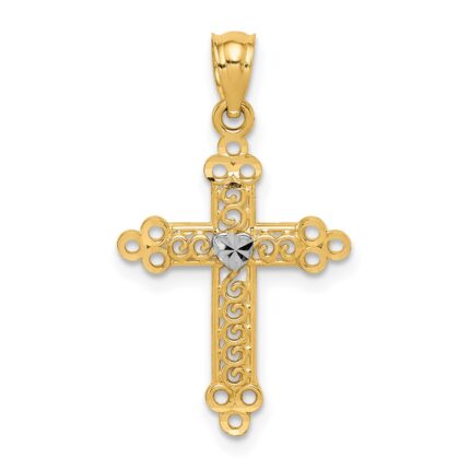 14k and White Rhodium Budded Cross with Heart Center Pendant