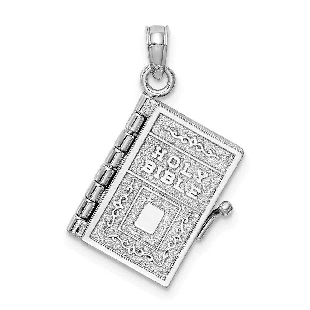 C3964W.jpg 14k White Gold 3-D HOLY BIBLE with Lord's Prayer and Moveable Pages Pendant - Image 1