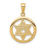 14K Jewish Chai In Star Of David Round Pendant