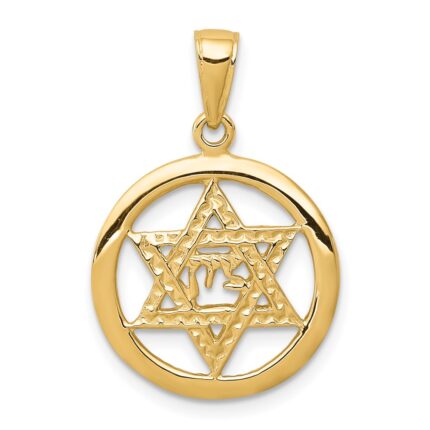 14K Jewish Chai In Star Of David Round Pendant