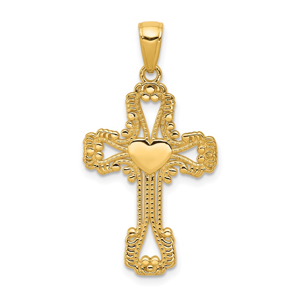 C4194.jpg 14K Beaded Cross with Heart Pendant - Image 1
