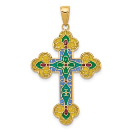 14K Multi-color Acrylic Enameled Flower Center Budded Cross Pendant
