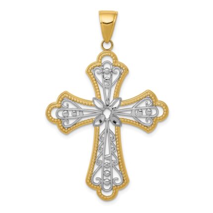 14K and White Rhodium Large Diamond-cut Filigree Cut-out Cross Pendant